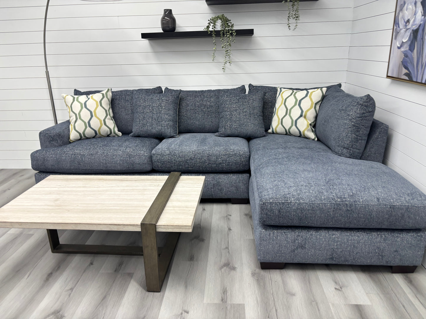 Brand New Agave Blue Two-Piece Sectional with Bumper Chaise