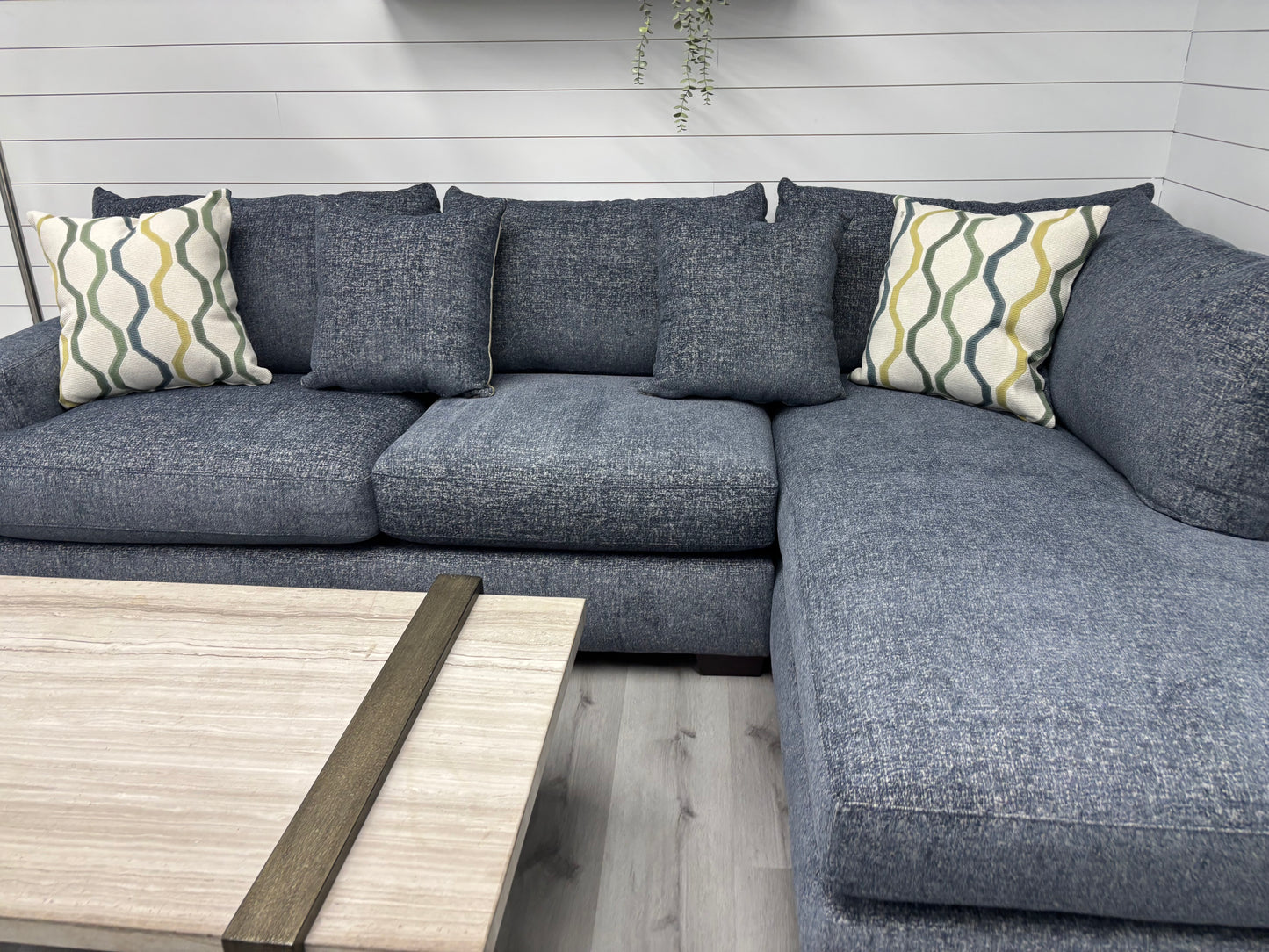 Brand New Agave Blue Two-Piece Sectional with Bumper Chaise
