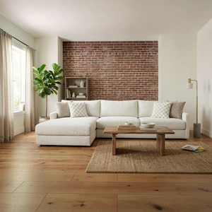 Sunset Sectionals Anson Fluffy River Rock oversized white textured sectional sofa with five accent pillows in a room