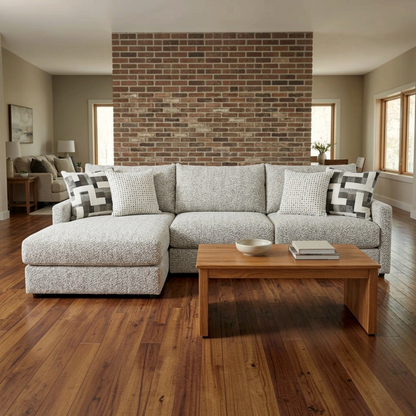 Sunset Sectionals Anson Tatum River Rock oversized sectional sofa in textured grey fabric with five accent pillows