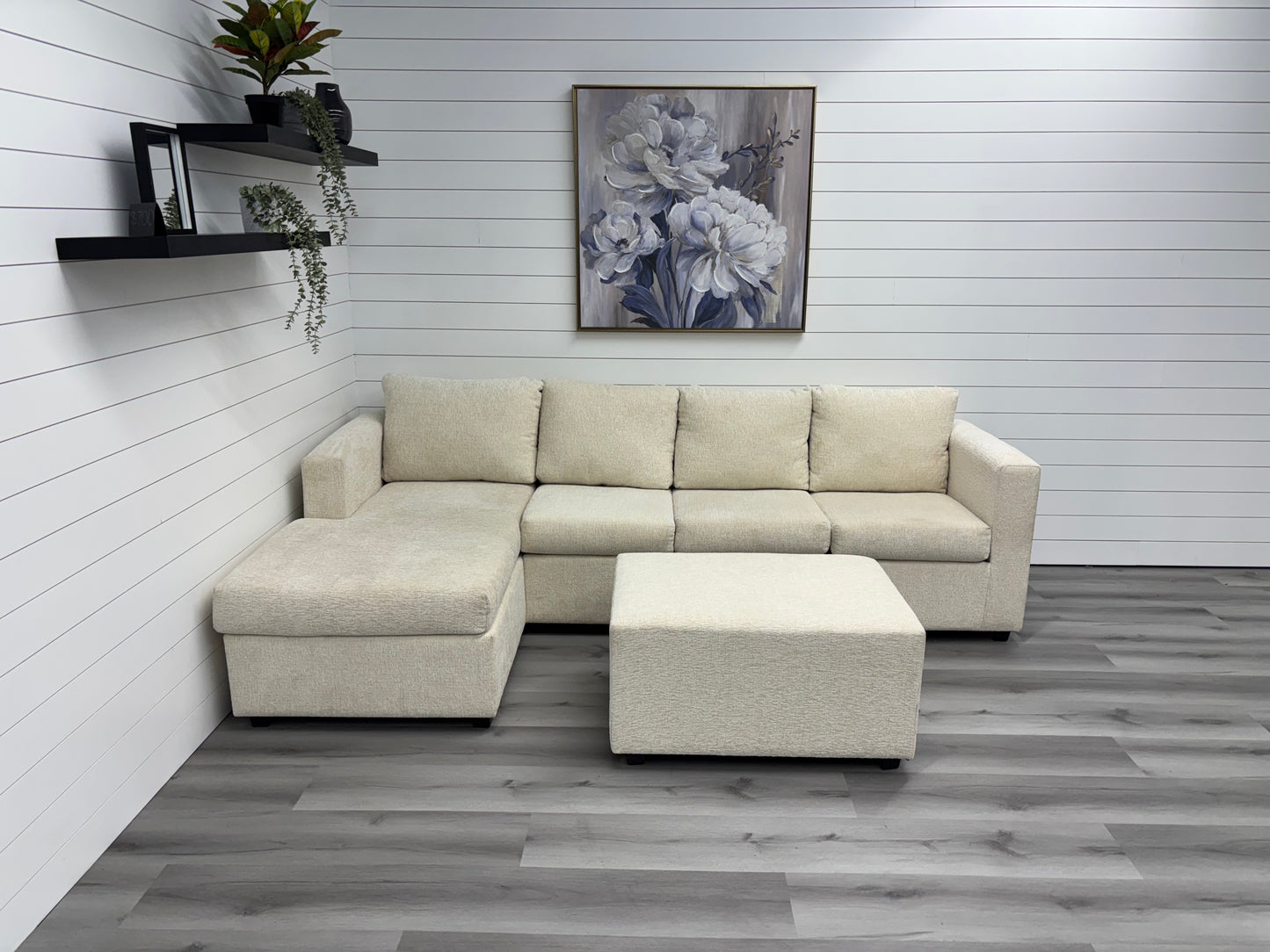 Small Cream Sectional with Ottoman
