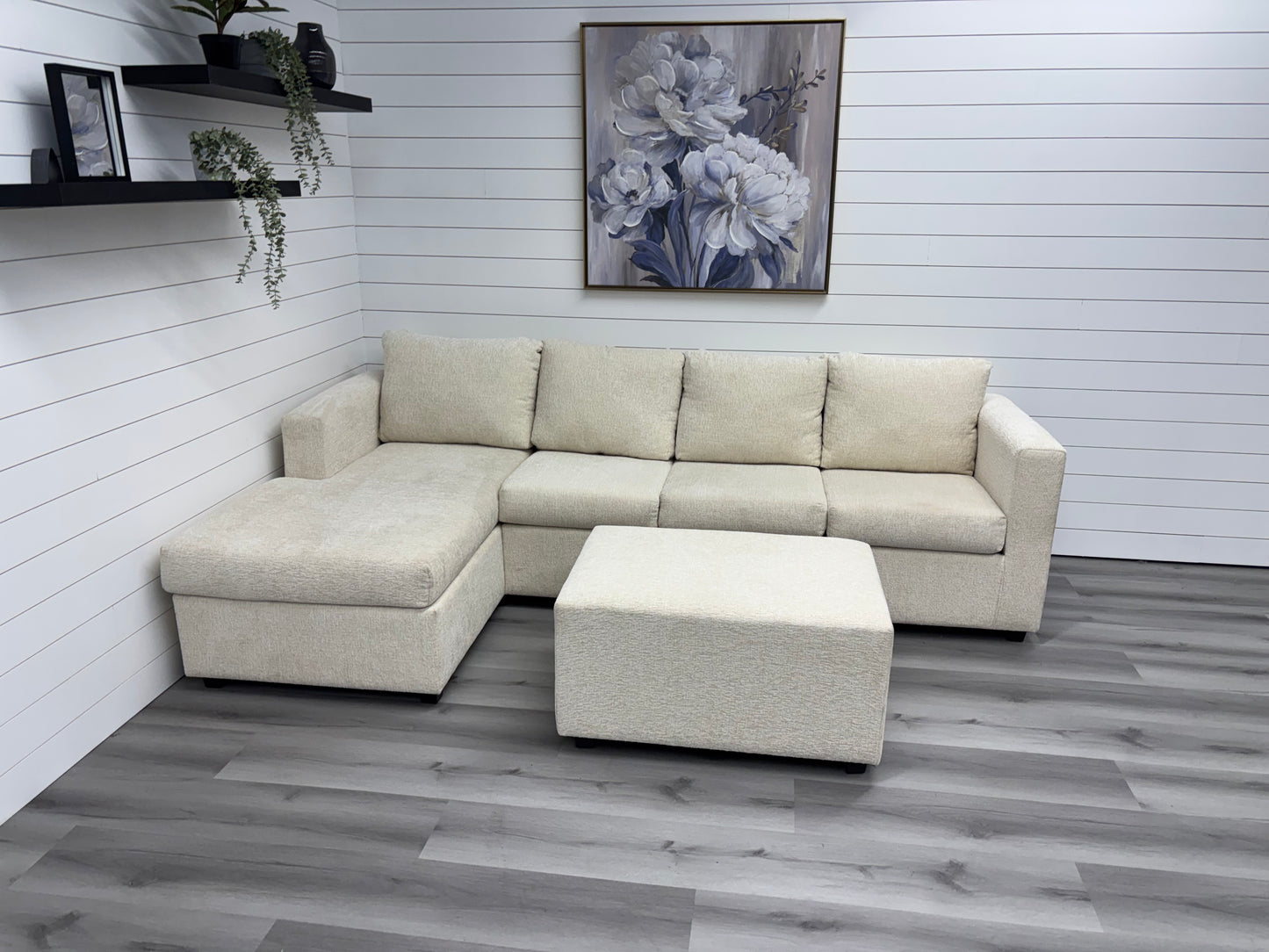 Small Cream Sectional with Ottoman