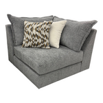Sunset Sectionals Kent LAF RAF grey fabric corner wedge sofa piece with patterned and cream accent pillows