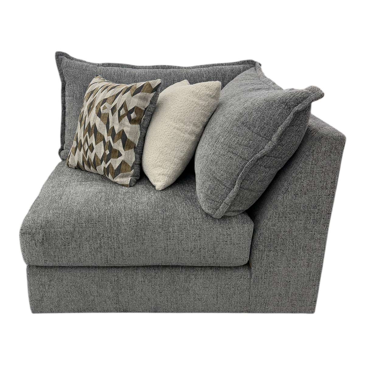 Sunset Sectionals Kent LAF RAF wedge sofa in grey textured fabric with patterned and cream accent throw pillows
