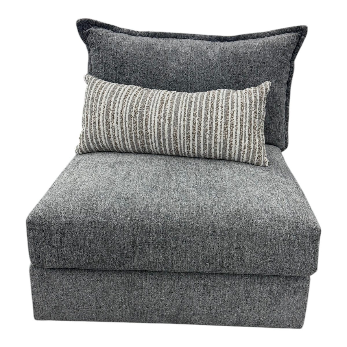 Sunset Sectionals Kent modular armless chair in grey textured fabric with a decorative striped lumbar pillow