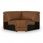 Sunset Sectionals Rally wedge corner piece in brown top grain leather with a reinforced frame on a white background.