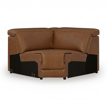 Sunset Sectionals Rally wedge corner piece in brown top grain leather with a reinforced frame on a white background.