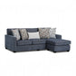 Sunset Sectionals Michigan blue reversible sofa chaise with patterned throw pillows on a white background.