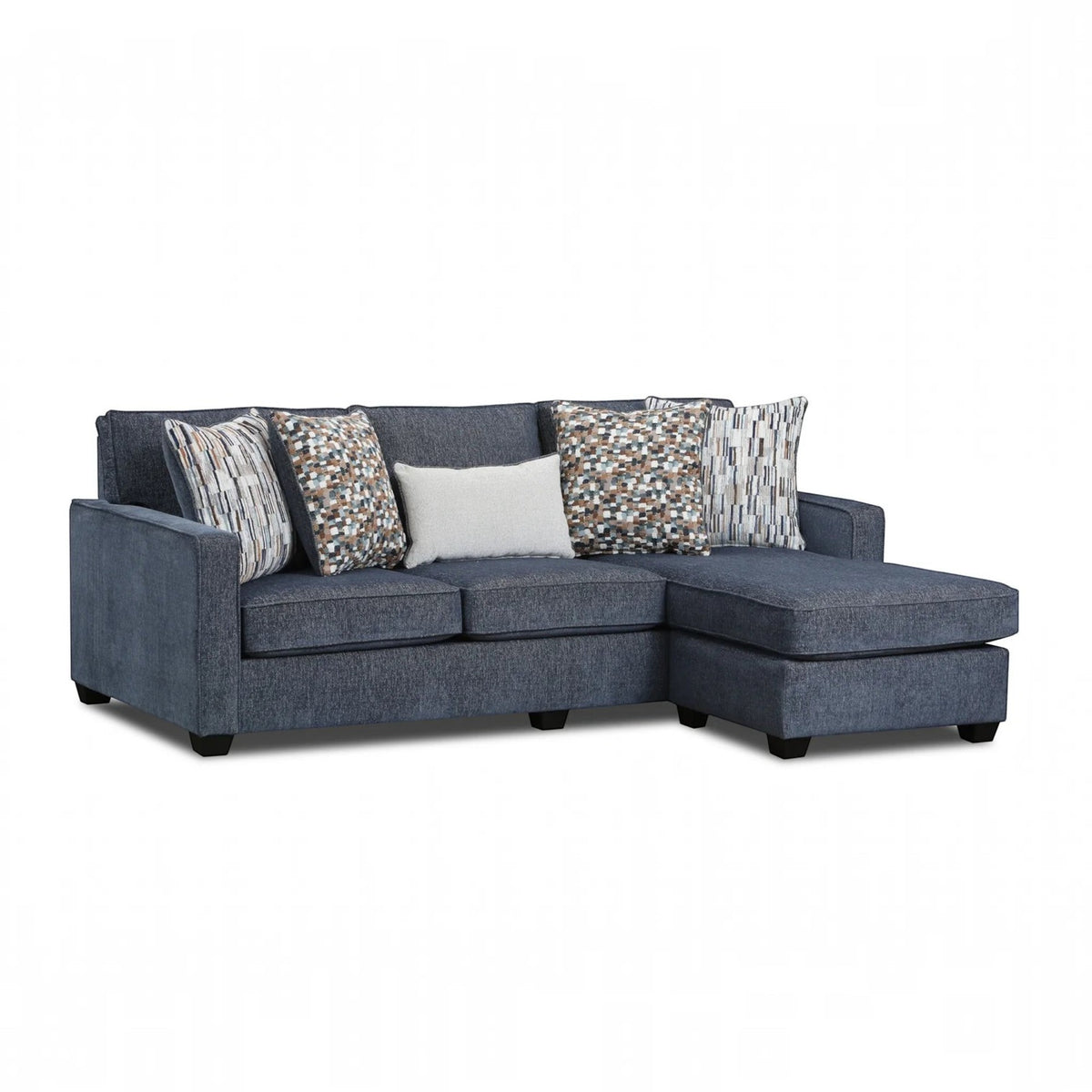 Sunset Sectionals Michigan blue reversible sofa chaise with patterned throw pillows on a white background.