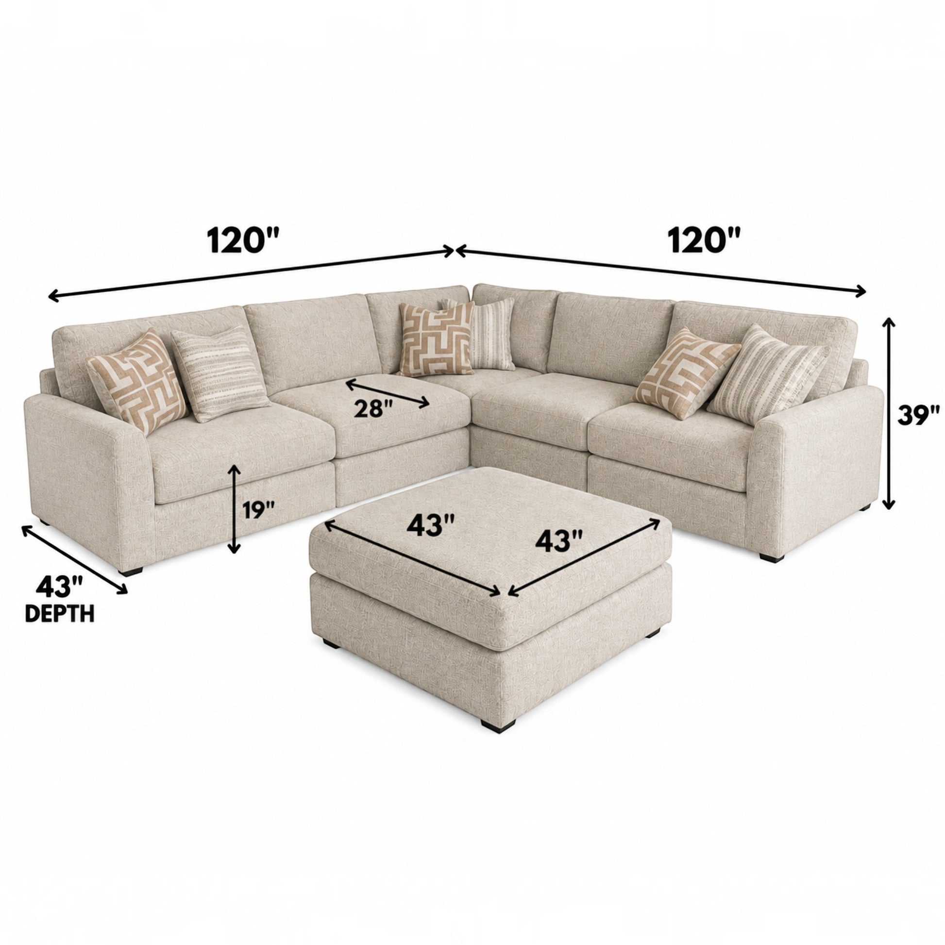 Sunset Sectionals 5-piece modular sectional in cream fabric with dimensions, deep seating, and accent pillows.