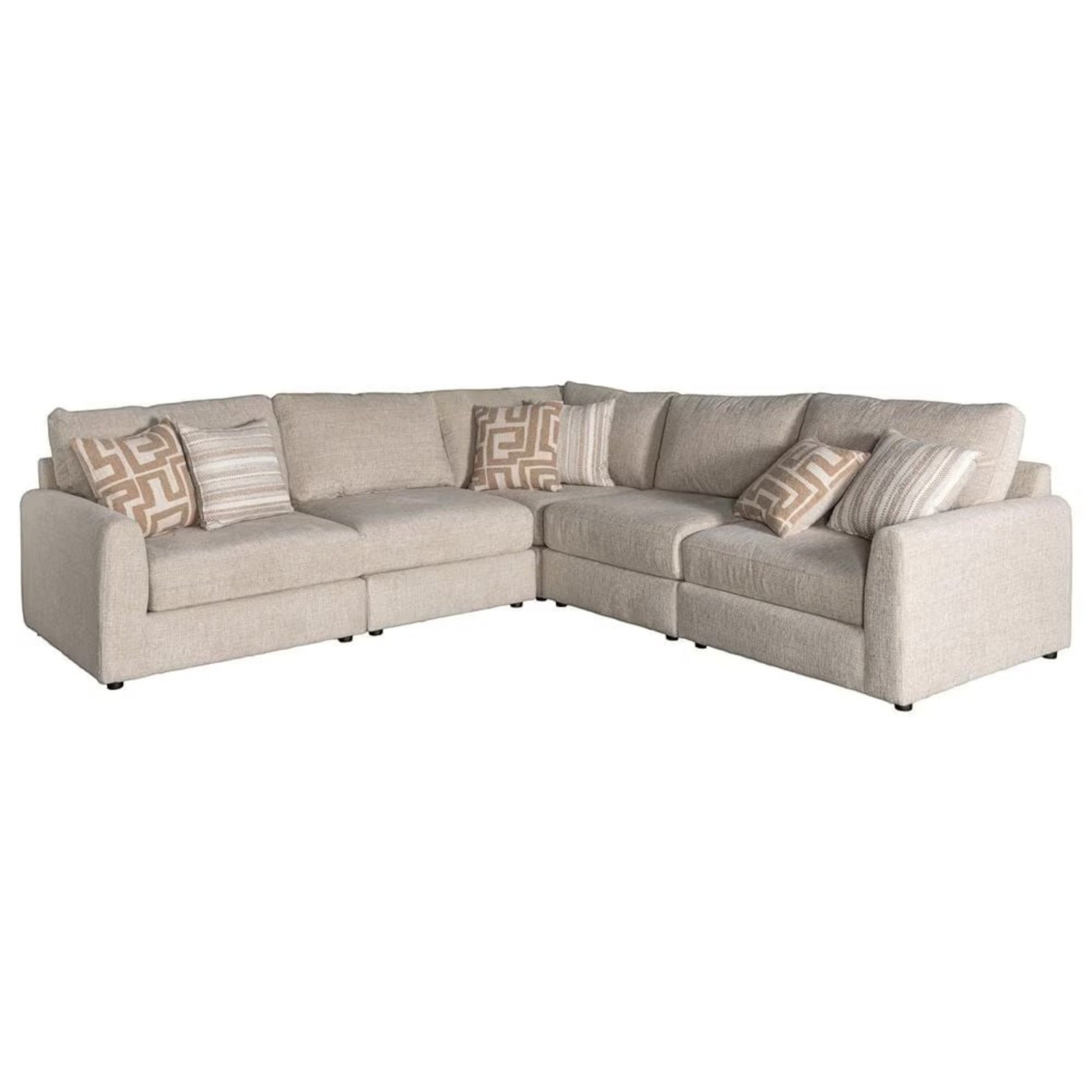 Sunset Sectionals 5-piece modular sectional in cream fabric with deep seats, reversible cushions, and accent pillows.