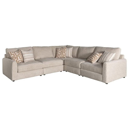 Sunset Sectionals 5-piece modular sectional in cream fabric with deep seats, reversible cushions, and accent pillows.