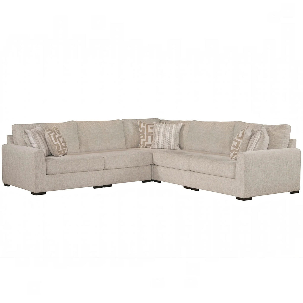 Sunset Sectionals 5-piece modular sectional in cream fabric with deep seating, solid wood frame, and accent pillows.