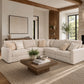 Sunset Sectionals 5-piece modular sectional in cream fabric with deep seating, accent pillows, and solid wood frame.