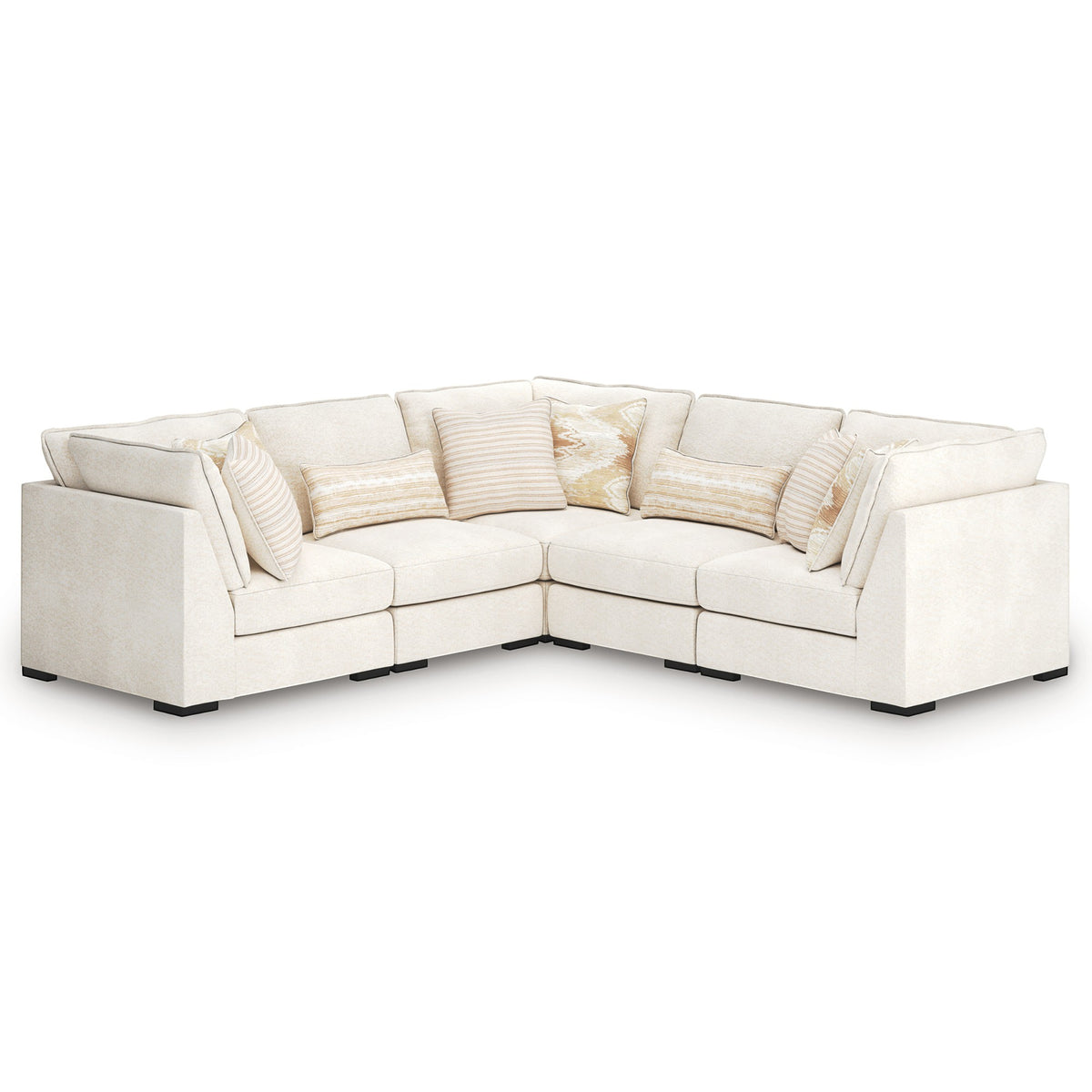 Sunset Sectionals Donelson 5-piece modular sectional in cream performance fabric with patterned accent pillows