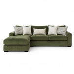 Sunset Sectionals Ivy sofa chaise sectional in soft green fabric with reversible cushions and patterned throw pillows.