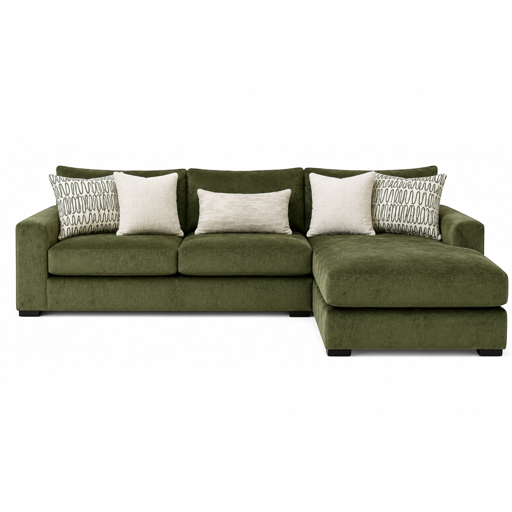Sunset Sectionals Ivy deep-seated green fabric sectional sofa with a chaise and decorative patterned throw pillows.