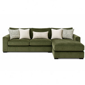 Sunset Sectionals Ivy deep-seated green fabric sectional sofa with a chaise and decorative patterned throw pillows.