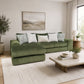 Sunset Sectionals Ivy sofa chaise sectional in soft green fabric with deep seating and decorative throw pillows.