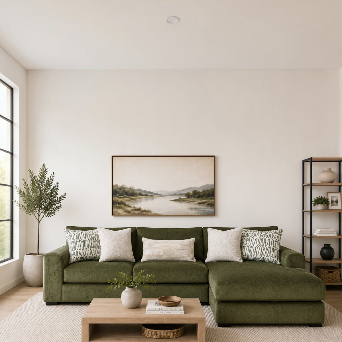 Sunset Sectionals Ivy deep-seated green fabric sofa chaise sectional with reversible cushions in a cozy living room.