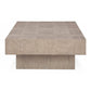 Sunset Sectionals Jorlaina rectangular cocktail table in light gray wire-brushed oak veneer with a double plinth base.