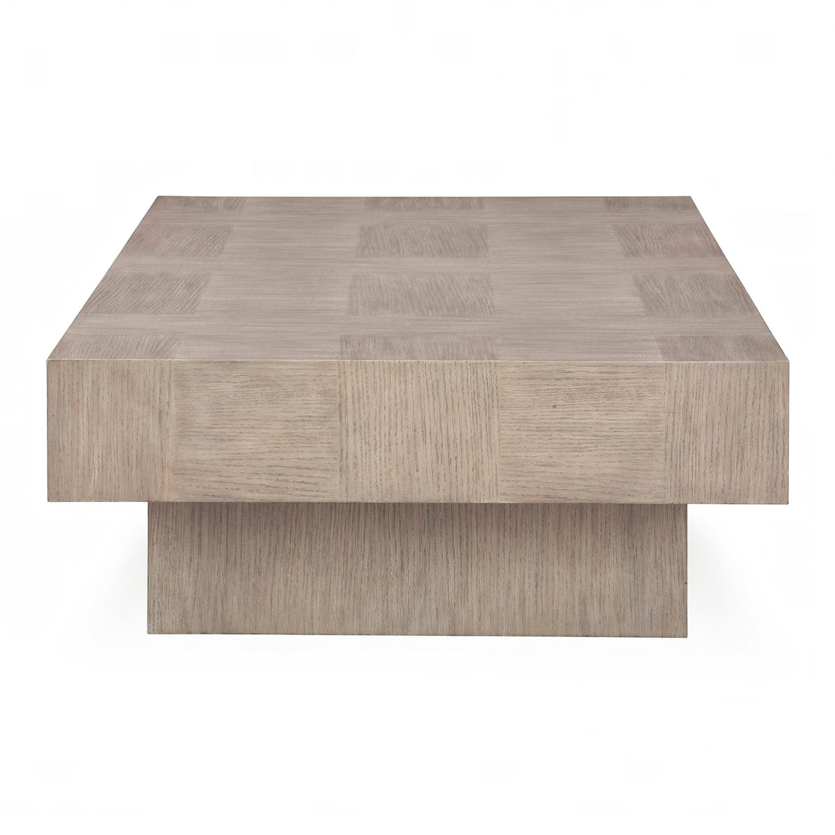 Sunset Sectionals Jorlaina rectangular cocktail table in light gray wire-brushed oak veneer with a double plinth base.