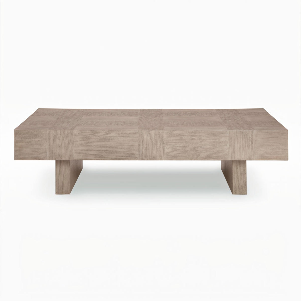 Sunset Sectionals Jorlaina rectangular cocktail table in light gray wire-brushed oak veneer with a double plinth base.