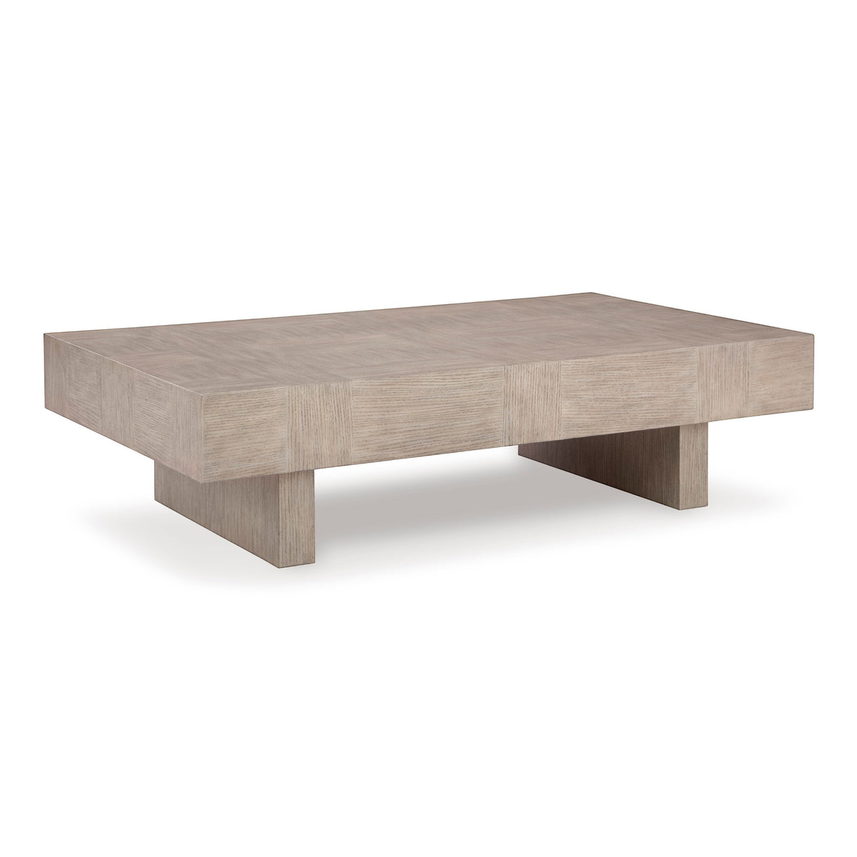 Sunset Sectionals Jorlaina rectangular cocktail table in light gray wire-brushed oak veneer with a double plinth base.