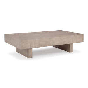 Sunset Sectionals Jorlaina rectangular cocktail table in light gray wire-brushed oak veneer with a double plinth base.