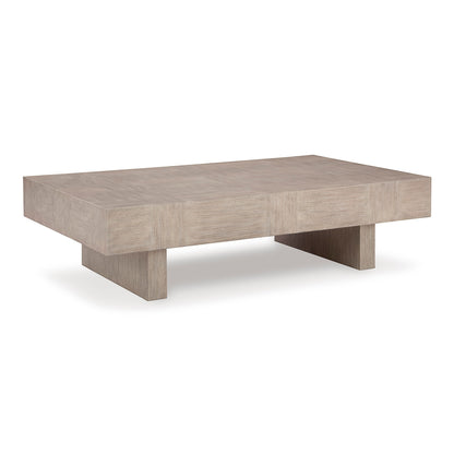 Sunset Sectionals Jorlaina rectangular cocktail table in light gray wire-brushed oak veneer with a double plinth base.