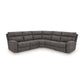 Sunset Sectionals sand-colored 5-piece power reclining sectional with adjustable headrests and faux leather finish.