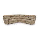 Sunset Sectionals sand-colored 5-piece power reclining sectional with adjustable headrests and faux leather finish.