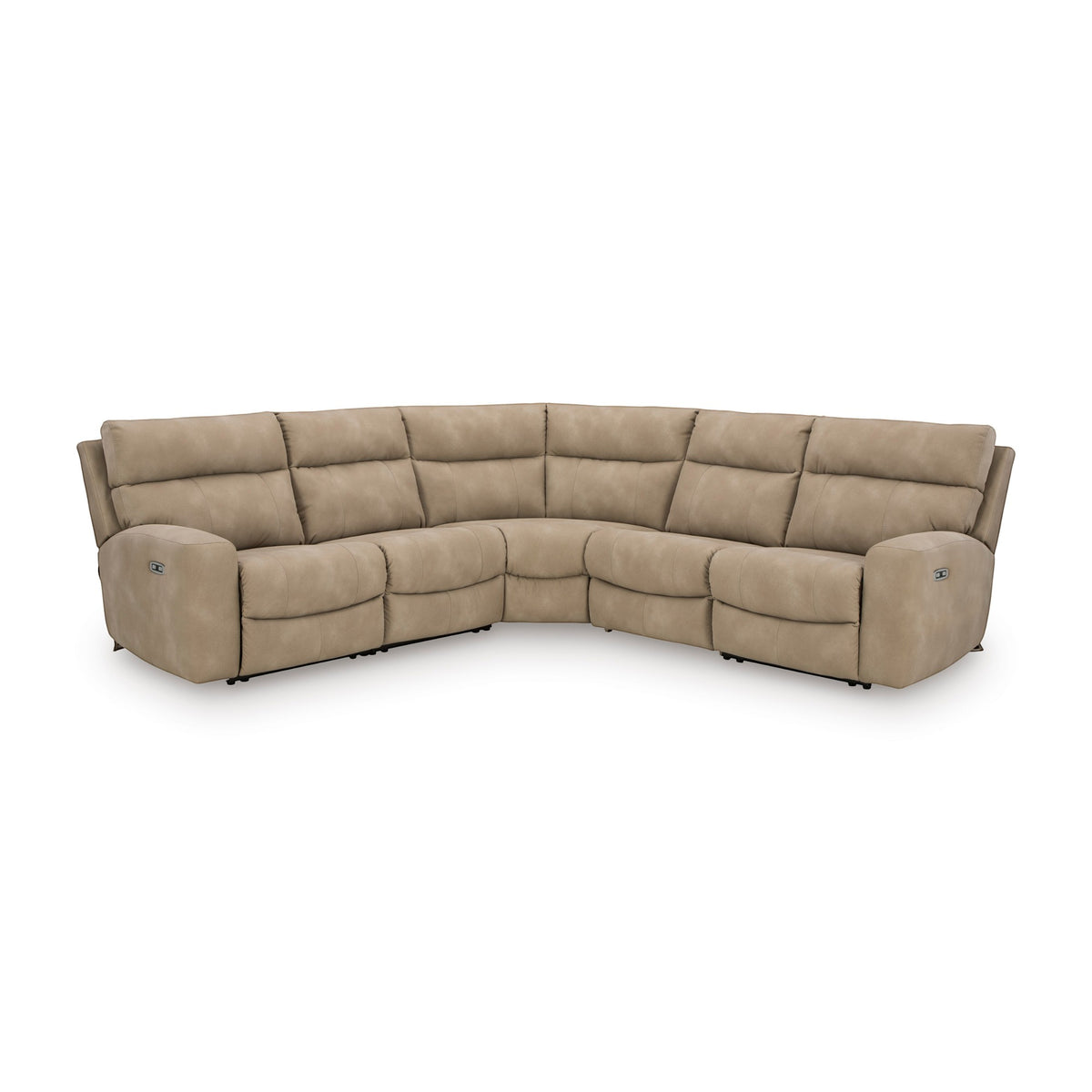 Sunset Sectionals sand-colored 5-piece power reclining sectional with adjustable headrests and faux leather finish.