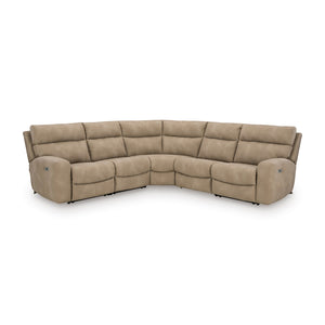 Sunset Sectionals sand-colored 5-piece power reclining sectional with adjustable headrests and faux leather finish.