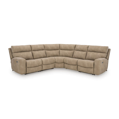 Sunset Sectionals sand-colored 5-piece power reclining sectional with adjustable headrests and faux leather finish.